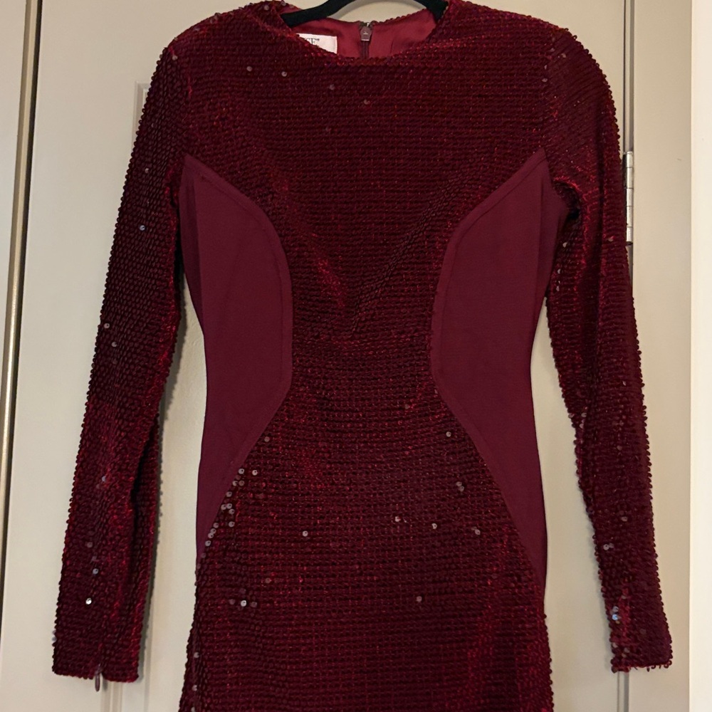 House of CB Wine Velvet Sequin Long Sleeve Dress - Picture 7 of 7